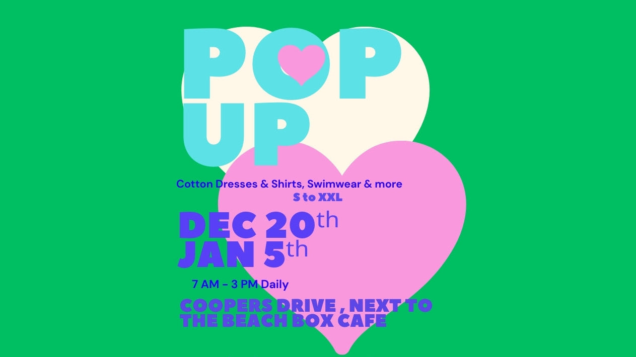 Promotional poster for a pop-up event with colorful text and heart design on a green background.